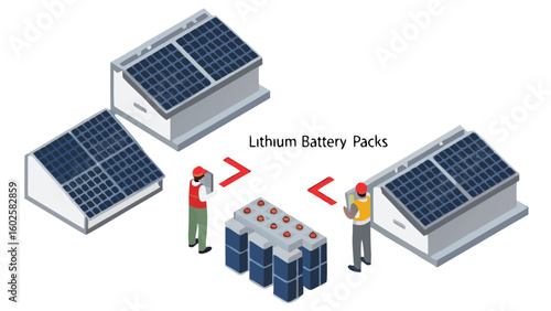 Isometric view of solar panels with lithium battery packs and workers installing the system design