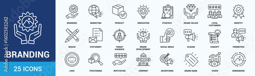 Branding icon set. Containing marketing, product, brand value, design, logo, brand development, social media, advertising and loyal customers icons. Outline icon collection.