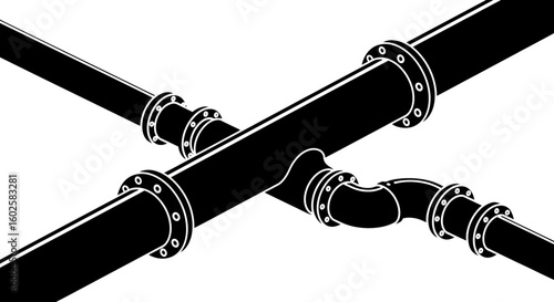 Black and white illustration showing intersecting pipes and pipe fittings.