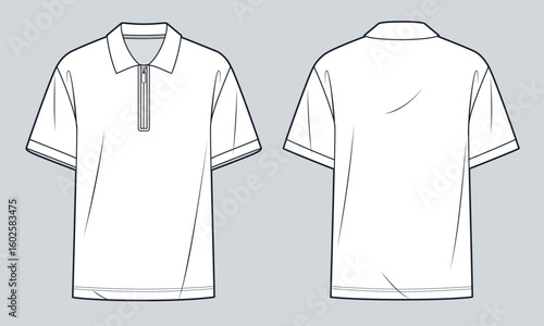 Half Zip Polo Shirt technical fashion illustration. T-Shirt fashion flat technical drawing template, short sleeve, collar, relaxed fit, front and back view, white, women, men, unisex Top CAD mockup.