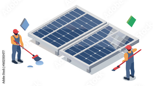 Isometric view of two workers cleaning solar panels with brooms on a white background scene