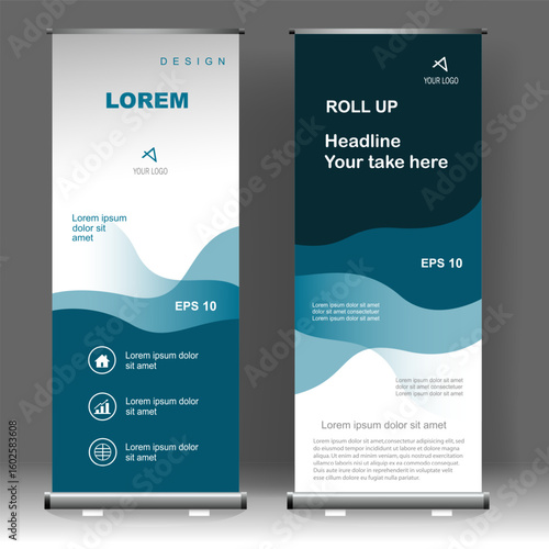 Roll up banner stand template design, for brochure, flyer, infographics. modern advertising. vector illustration