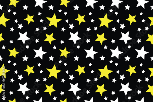 Vector art of a seamless pattern of yellow and white stars on a black background