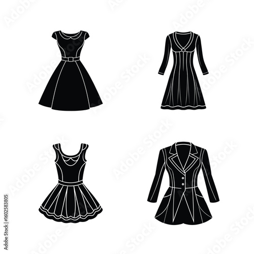 Vector set of fashion women's clothing designs including dresses, skirts, shirts, and jackets, perfect for summer style collections
