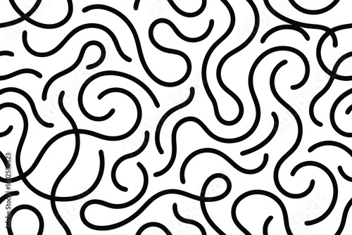 Vector art of a black and white abstract pattern of continuous curvy lines isolated on white background