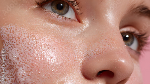 Close-up shot of a woman's face covered in cleansing foam, highlighting skincare routine and beauty. Focuses on freshness and skincare.