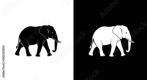 Two contrasting silhouettes of an elephant, one black, one white, on opposing backgrounds.