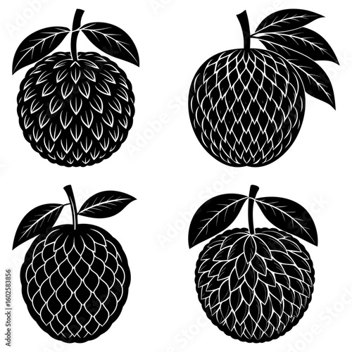 Four black and white sugar apples with leaves in a patterned arrangement on a white background