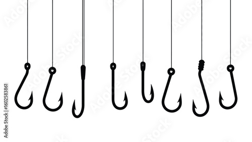 Black Fishing Hooks Hanging on White Background Vector Illustration