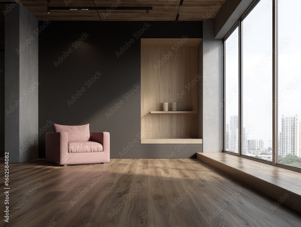 Fototapeta premium Modern room with pink armchair and city view.