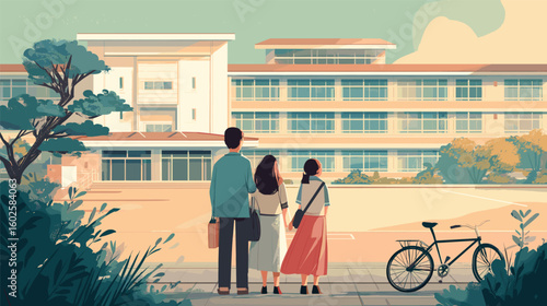 School Days: Vector illustration of a family arriving at school. Education, parenting, childhood, back to school concept. Asian school design. Calm, peaceful.

