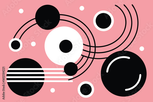Vector art of abstract geometric pattern with black and white circles and lines on a pink background