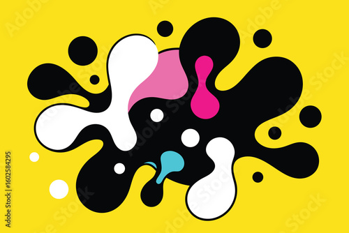 Vector art of a vibrant abstract explosion of colorful blobs and circles on a bright yellow background