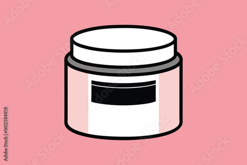 Vector art of a simple illustration of a cosmetic jar with a blank label isolated on a soft pink background