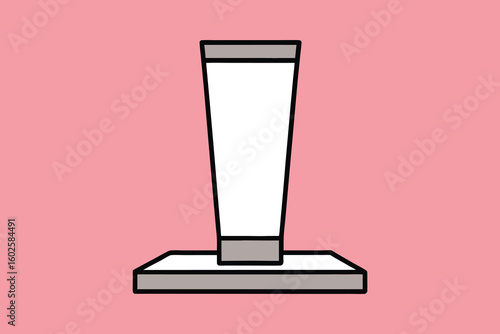 Vector art of a minimalist illustration of a cosmetic tube standing on a base isolated on a pink background