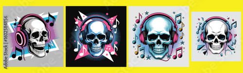 Vintage Skull Headphone T-Shirt Vector Design, bold stylized skull wearing headphones with abstract shapes music notes in neon pink electric blue and white for apparel poster and merchandise use