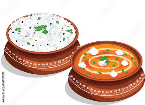 Tasty Matar Paneer With Rice in Handi Vector Illustration