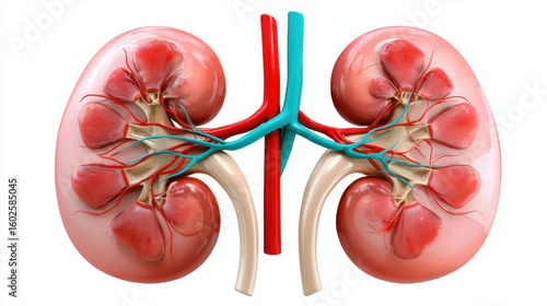 3D realistic illustration of human kidneys with adrenal glands and renal blood vessels, isolated on white background