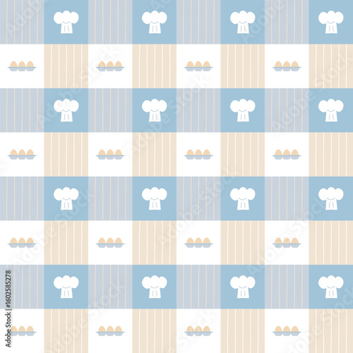 seamless minimal chef’s hat and egg repeat pattern in blue plaid checkered background, flat vector illustration graphic design