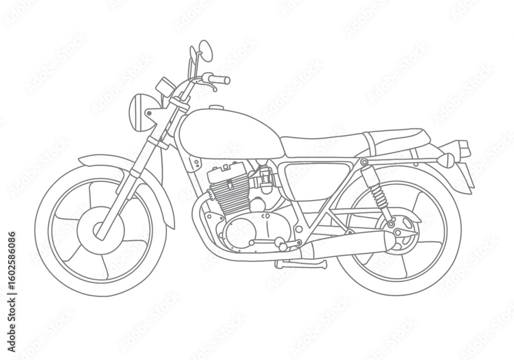 Obraz premium Motor bicycle drawing. It is a black and white outline image of a motor bicycle, also known as a motorcycle or motorbike. Vector sketch line art draw.