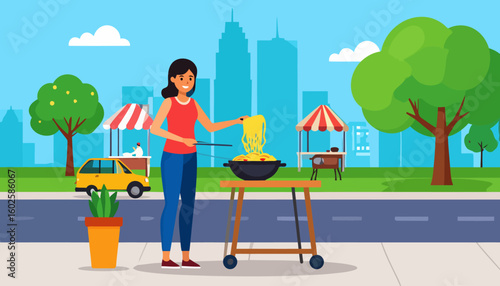 Smiling woman with dark hair in a red tank top cooking yellow noodles in a wok with chopsticks.