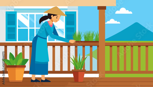Smiling woman in a traditional conical hat and blue dress tending to her potted plants.