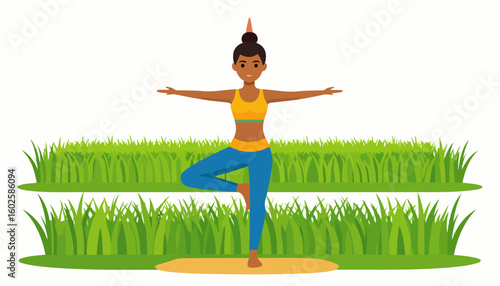 Smiling woman with a top bun in colorful sportswear practicing the Vrikshasana tree yoga pose.