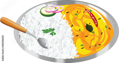 Delicious Kadhi Rice or Kadhi Chawal in a Plate with Spoon Vector Illustration (Royalty Free)	