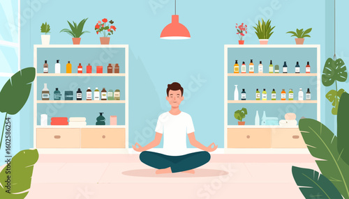 A serene young man with brown hair and closed eyes meditating in a cross-legged lotus pose, wearing a white t-shirt.
