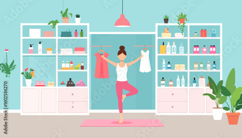 Young woman in a yoga tree pose, holding a pink and a white dress on hangers.