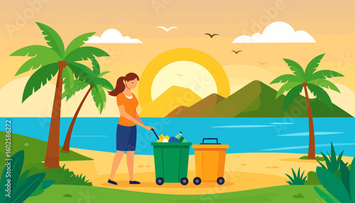 Young woman with a ponytail in an orange shirt collecting trash into a green wheeled bin.