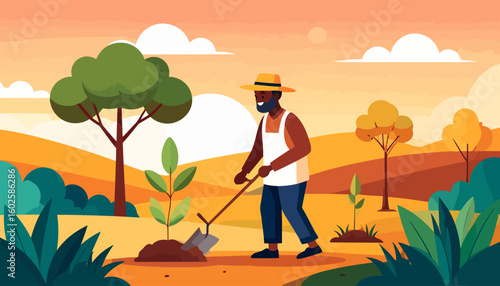 A happy bearded farmer wearing a white apron and straw hat uses a shovel to plant a small sapling.