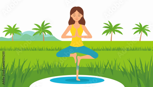 Serene cartoon woman with brown hair in Tree Pose (Vrikshasana) yoga practice.