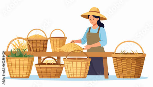 Female farmer in a straw hat and apron arranging harvested crops in wicker baskets at a wooden stall.