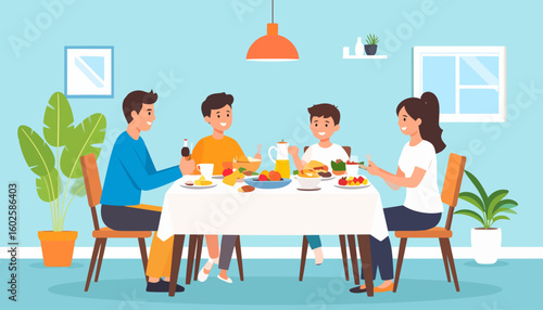 Cheerful cartoon family of four, parents and two sons, enjoying a happy meal together at the dining table.