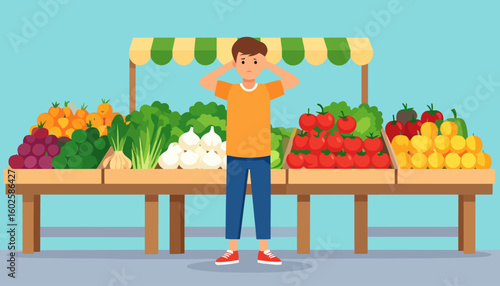 Stressed young man with hands on head, overwhelmed by produce choices at a farmers market.