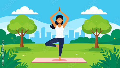 Smiling woman with dark hair in a white top and blue leggings doing the Tree Pose yoga asana.