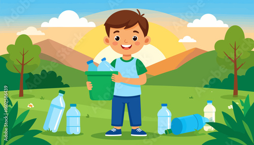 Happy cartoon boy with brown hair holding a green bin full of plastic bottles for recycling.