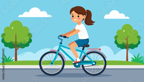Happy cartoon girl with a brown ponytail riding a light blue bicycle, wearing casual clothes.