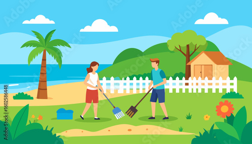 A young man and woman in casual clothes cleaning together with a rake and a broom. Flat vector illustration of a couple volunteering.