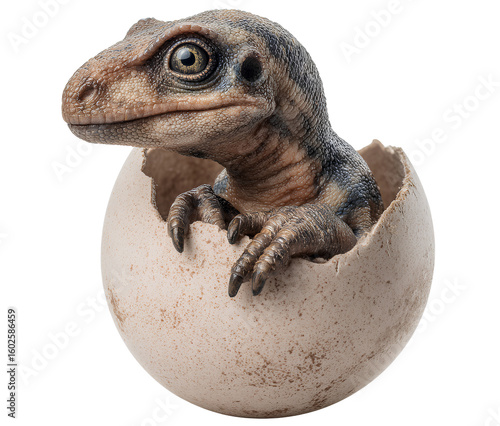 Fototapeta Naklejka Na Ścianę i Meble -  Side angle of newborn dinosaur peeking from egg isolated on transparent background