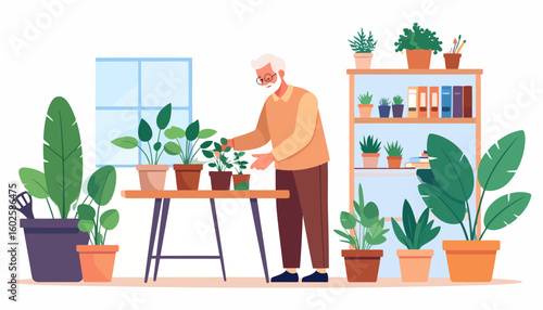 Smiling senior man with a white beard and glasses lovingly caring for his collection of potted houseplants.