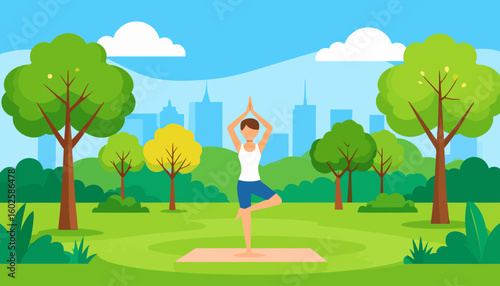 Illustration of a woman with short brown hair practicing the yoga tree pose, Vrikshasana, wearing a white tank top and blue shorts.