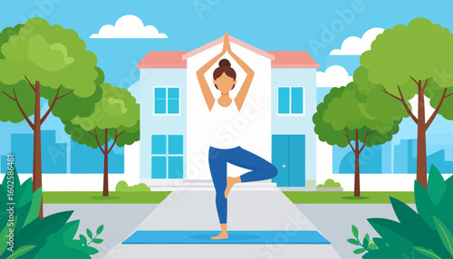 Illustration of a woman in a Tree Pose, balancing on a yoga mat with hands in prayer position above her head.