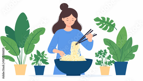 A calm woman with a hair bun in a blue shirt eats noodles with chopsticks, surrounded by lush green houseplants.