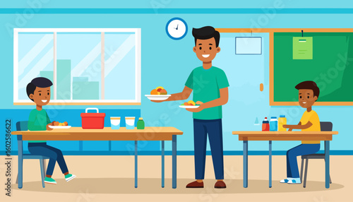 A smiling man in a green shirt serves food on plates to two happy boys sitting at their tables.