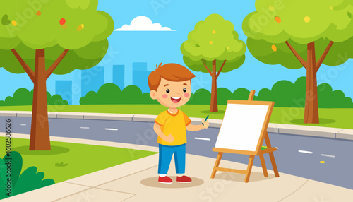 Cheerful young artist boy in a yellow shirt drawing on a blank canvas in a park.