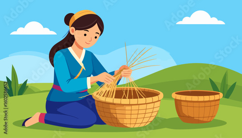 Smiling Asian woman in traditional blue attire weaving a large wicker basket from straw.