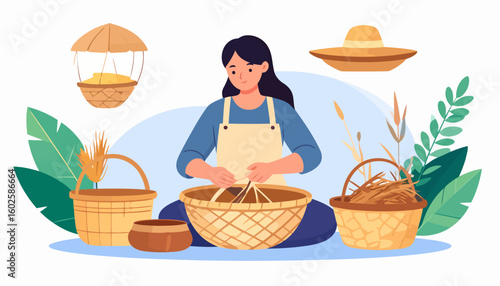 A woman with dark hair in an apron sits cross-legged while weaving a traditional wicker basket.