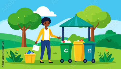A Black woman in a yellow cardigan sorts trash into colorful recycling bins in a park illustration.